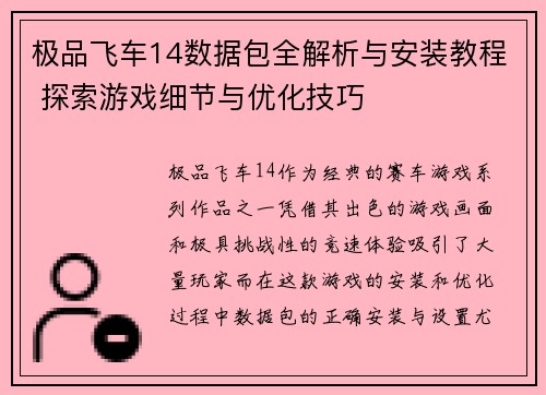 极品飞车14数据包全解析与安装教程 探索游戏细节与优化技巧